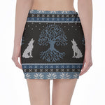 Tree Of Life And Howling Wolves Print Pencil Mini Skirt