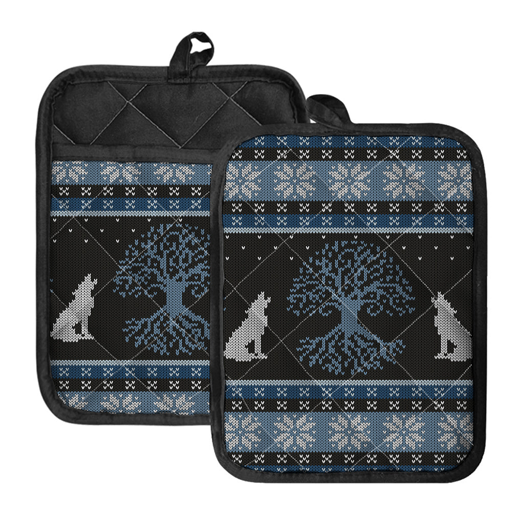 Tree Of Life And Howling Wolves Print Pot Holders With Pocket