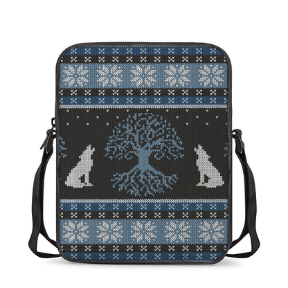 Tree Of Life And Howling Wolves Print Rectangular Crossbody Bag