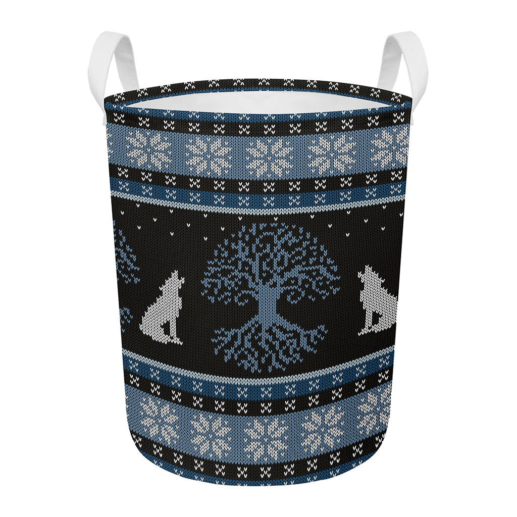 Tree Of Life And Howling Wolves Print Round Laundry Basket