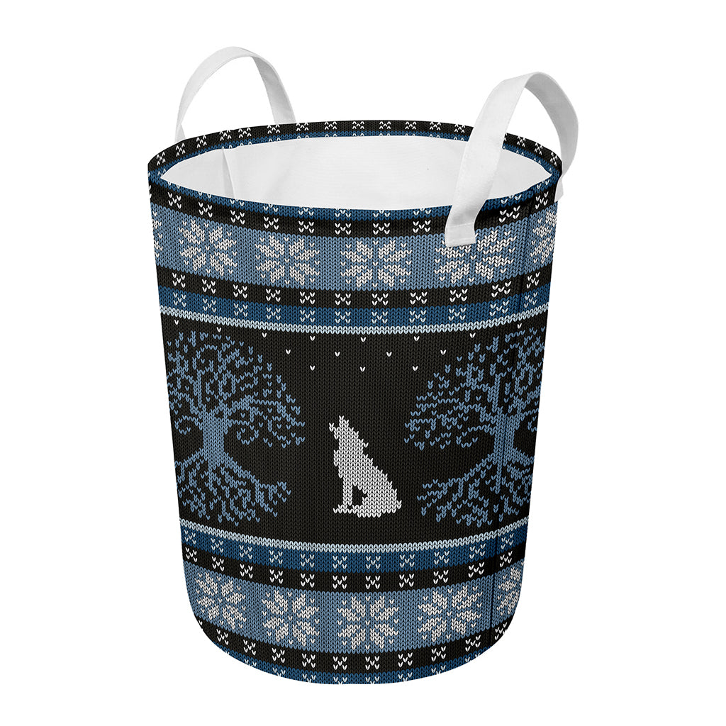 Tree Of Life And Howling Wolves Print Round Laundry Basket