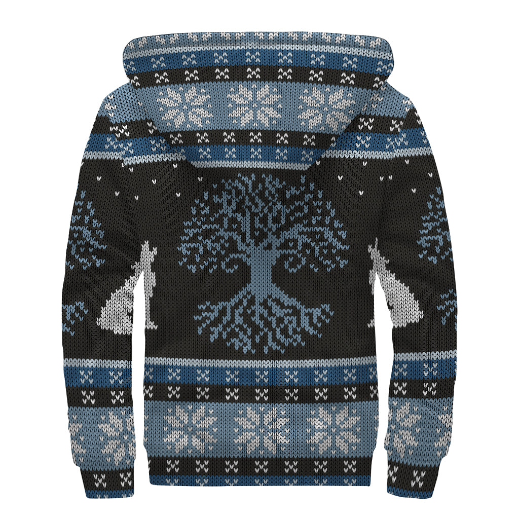 Tree Of Life And Howling Wolves Print Sherpa Lined Zip Up Hoodie