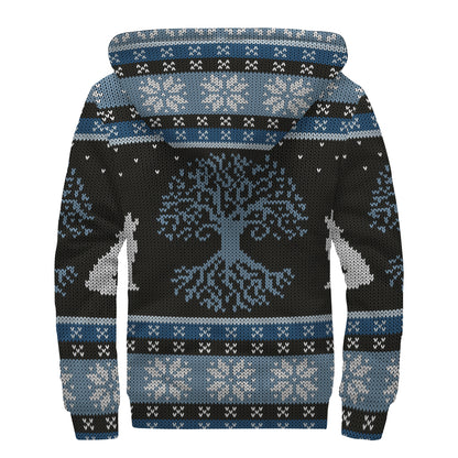Tree Of Life And Howling Wolves Print Sherpa Lined Zip Up Hoodie