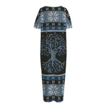 Tree Of Life And Howling Wolves Print Short Sleeve Long Nightdress