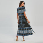 Tree Of Life And Howling Wolves Print Short Sleeve Maxi Dress