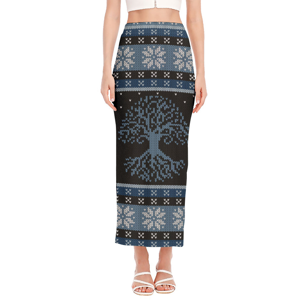 Tree Of Life And Howling Wolves Print Side Slit Maxi Skirt