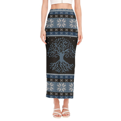 Tree Of Life And Howling Wolves Print Side Slit Maxi Skirt