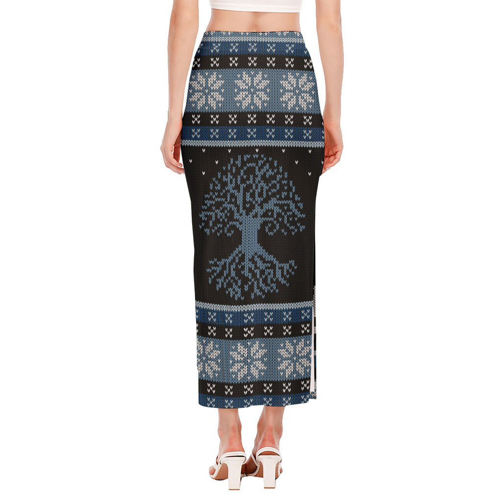 Tree Of Life And Howling Wolves Print Side Slit Maxi Skirt