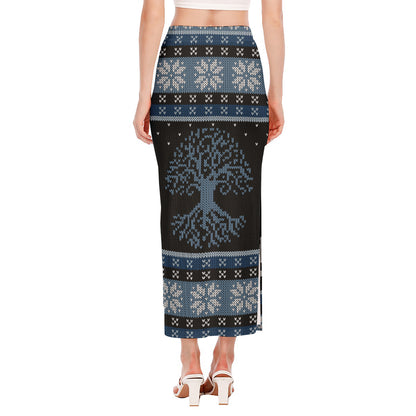 Tree Of Life And Howling Wolves Print Side Slit Maxi Skirt