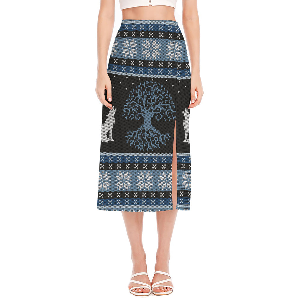 Tree Of Life And Howling Wolves Print Side Slit Midi Skirt