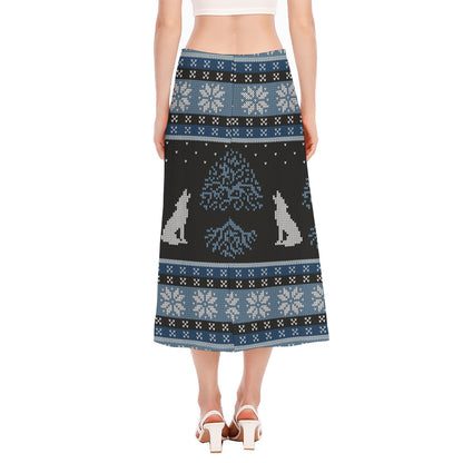 Tree Of Life And Howling Wolves Print Side Slit Midi Skirt