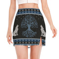 Tree Of Life And Howling Wolves Print Side Slit Mini Skirt