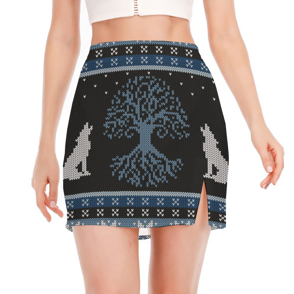 Tree Of Life And Howling Wolves Print Side Slit Mini Skirt