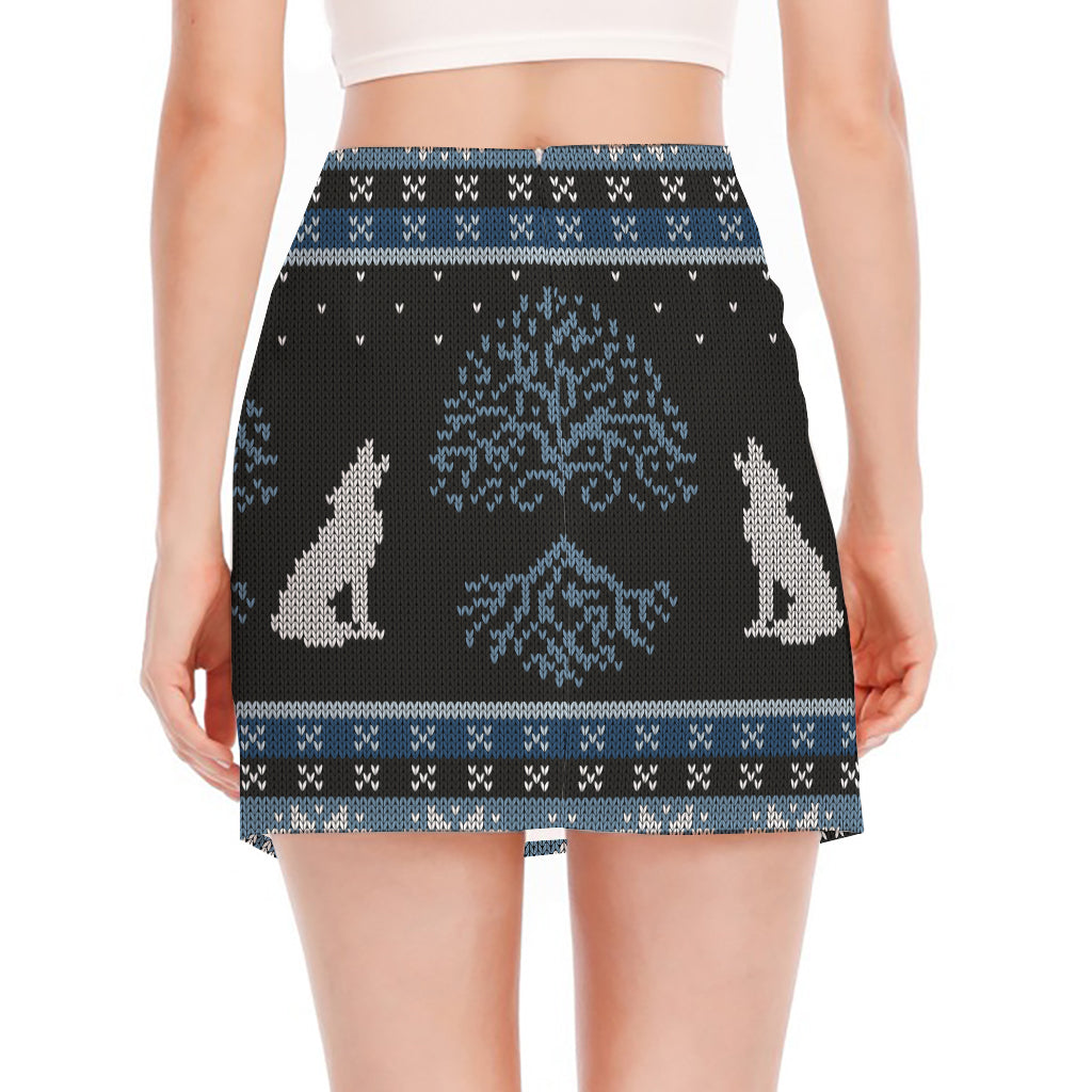 Tree Of Life And Howling Wolves Print Side Slit Mini Skirt