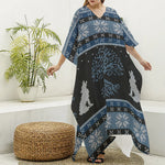 Tree Of Life And Howling Wolves Print Silk V-Neck Kaftan Dress