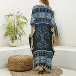 Tree Of Life And Howling Wolves Print Silk V-Neck Kaftan Dress