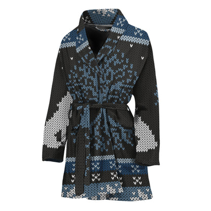 Tree Of Life And Howling Wolves Print Women's Bathrobe