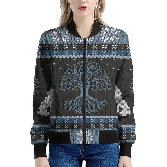 Tree Of Life And Howling Wolves Print Women's Bomber Jacket