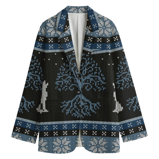 Tree Of Life And Howling Wolves Print Women's Cotton Blazer