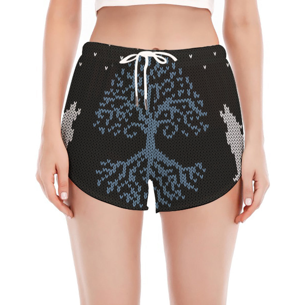 Tree Of Life And Howling Wolves Print Women's Split Running Shorts