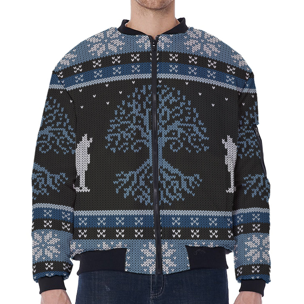 Tree Of Life And Howling Wolves Print Zip Sleeve Bomber Jacket