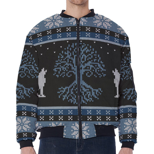Tree Of Life And Howling Wolves Print Zip Sleeve Bomber Jacket