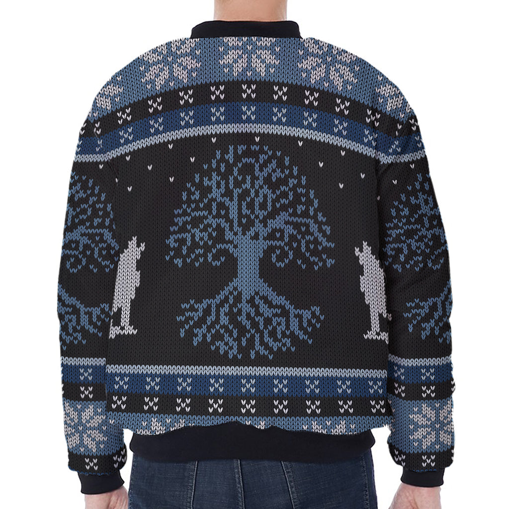 Tree Of Life And Howling Wolves Print Zip Sleeve Bomber Jacket
