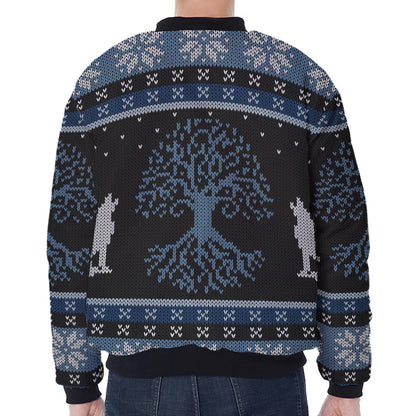 Tree Of Life And Howling Wolves Print Zip Sleeve Bomber Jacket