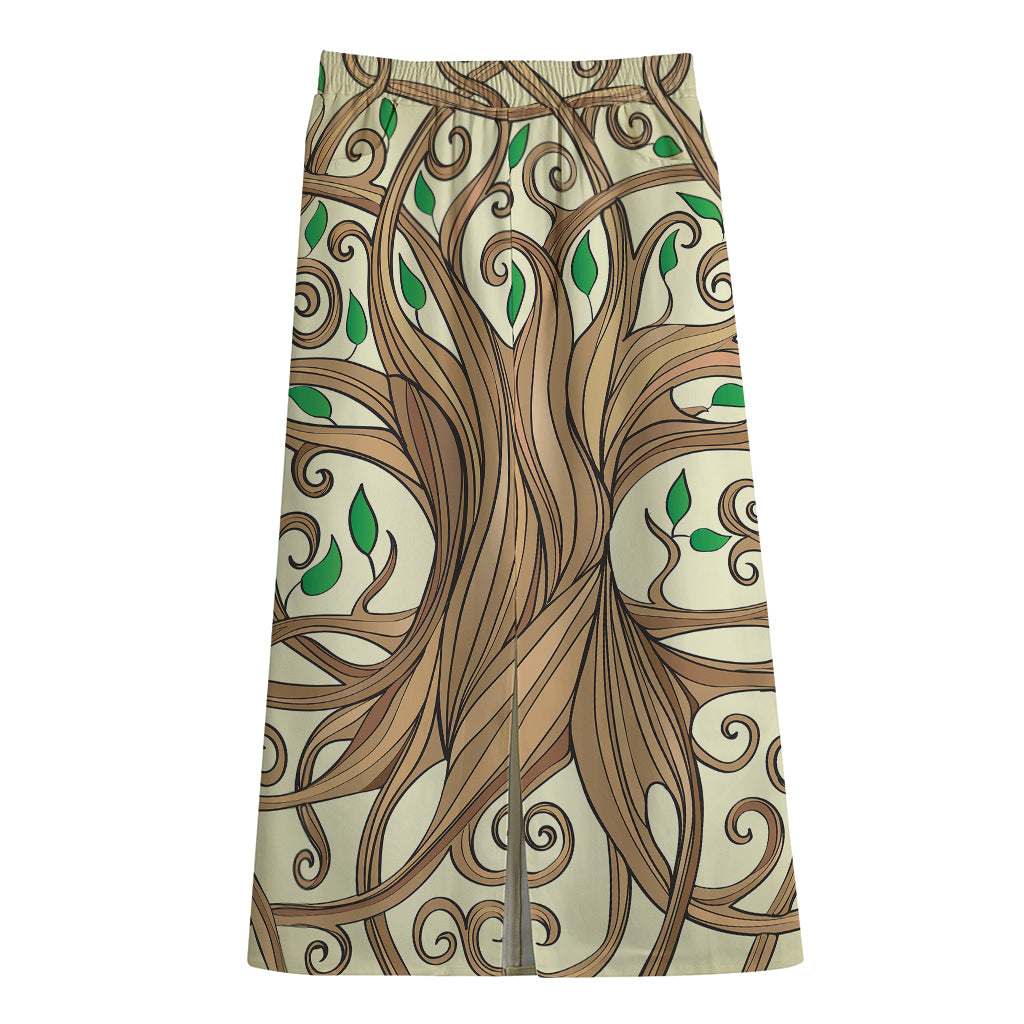 Tree Of Life Celtic Symbol Print Cotton Front Slit Maxi Skirt