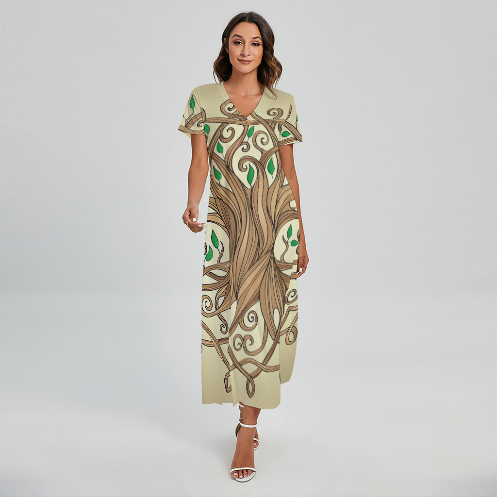 Tree Of Life Celtic Symbol Print Short Sleeve Maxi Dress