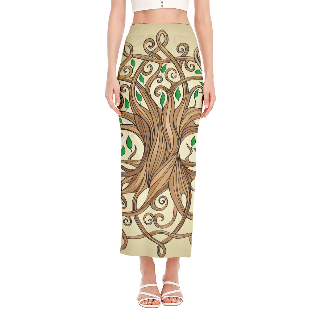 Tree Of Life Celtic Symbol Print Side Slit Maxi Skirt