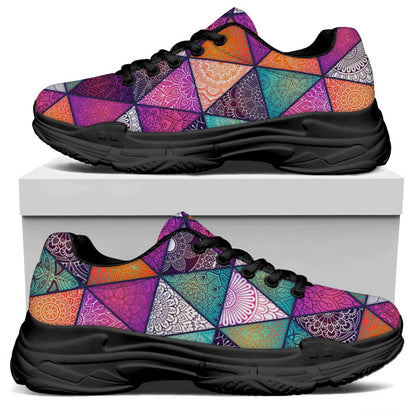 Triangle Bohemian Mandala Pattern Print Black Chunky Shoes