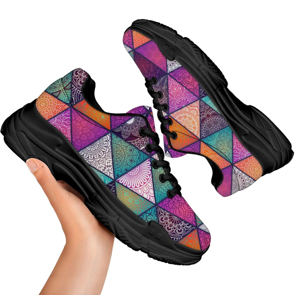 Triangle Bohemian Mandala Pattern Print Black Chunky Shoes