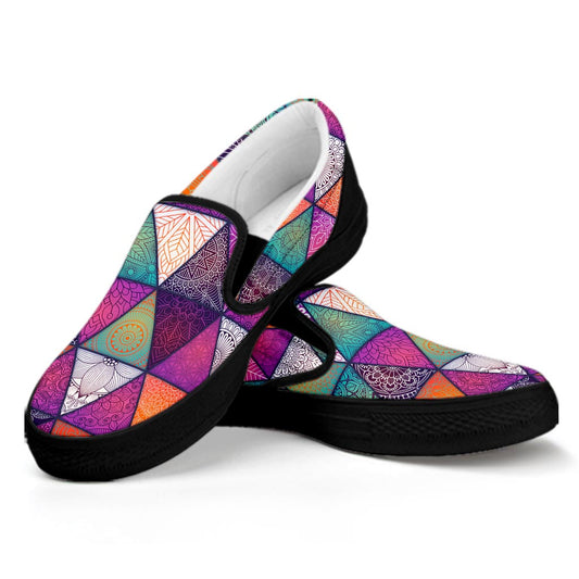 Triangle Bohemian Mandala Pattern Print Black Slip On Sneakers
