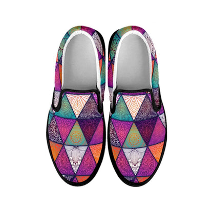Triangle Bohemian Mandala Pattern Print Black Slip On Sneakers