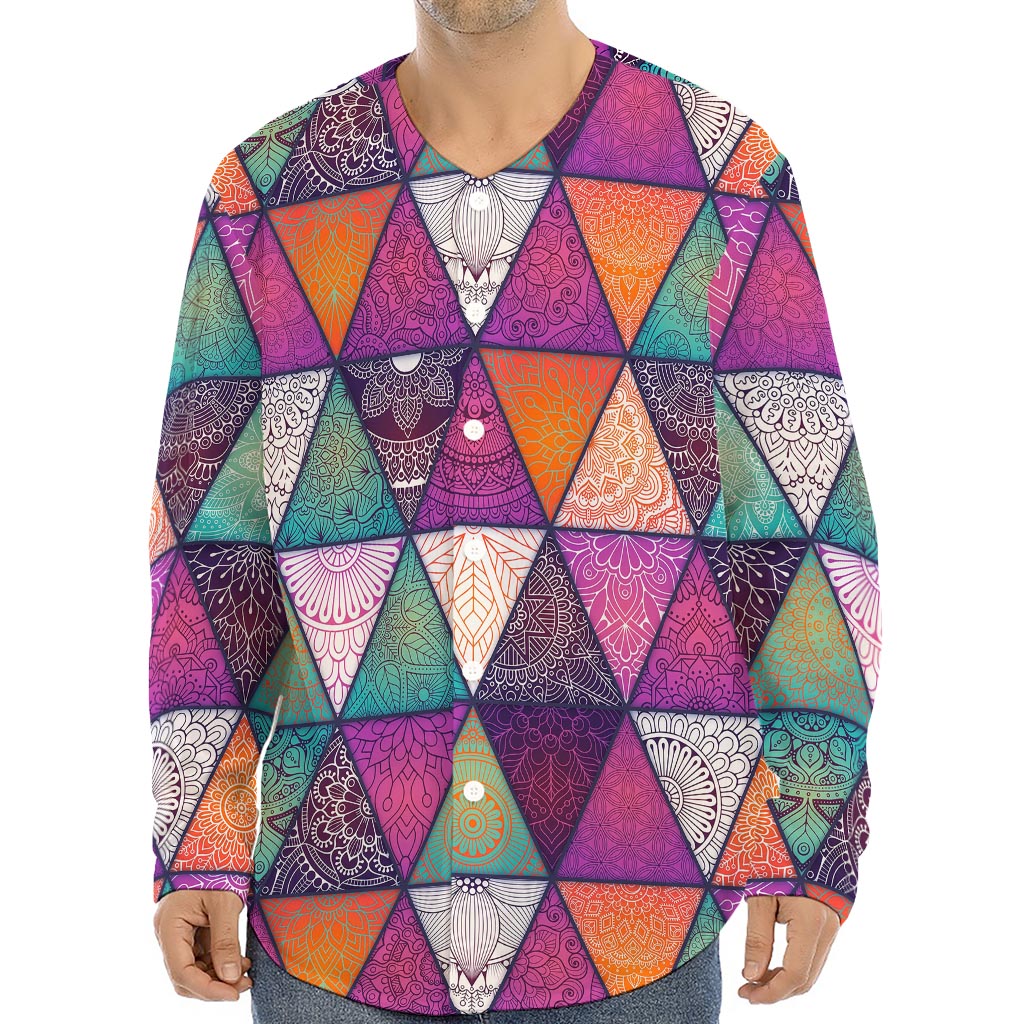 Triangle Bohemian Mandala Pattern Print Long Sleeve Baseball Jersey