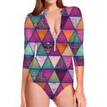 Triangle Bohemian Mandala Pattern Print Long Sleeve Swimsuit