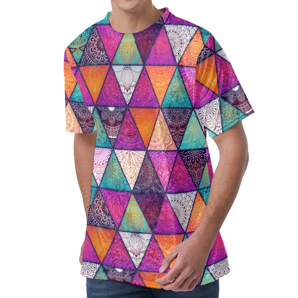 Triangle Bohemian Mandala Pattern Print Men's Velvet T-Shirt