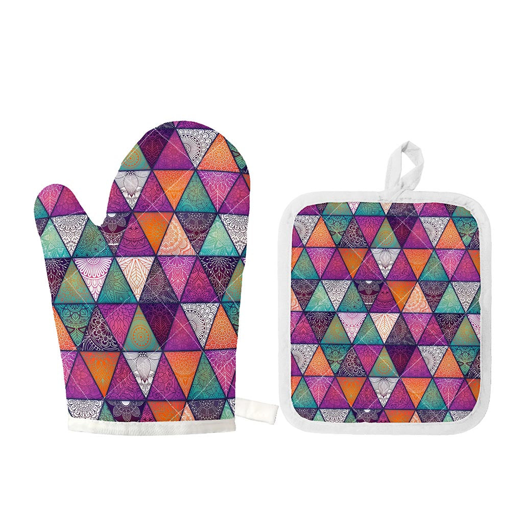 Triangle Bohemian Mandala Pattern Print Oven Mitt And Pot Holder Set