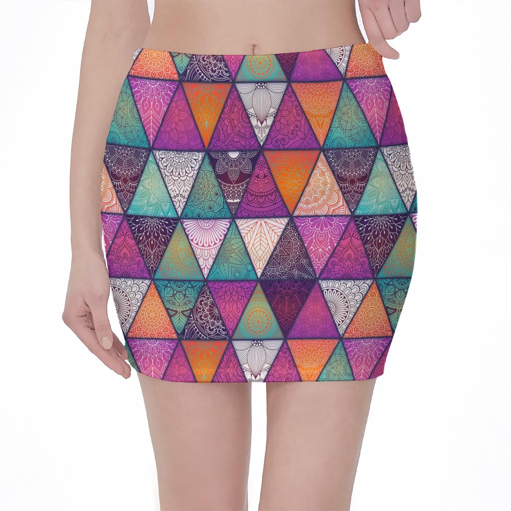 Triangle Bohemian Mandala Pattern Print Pencil Mini Skirt