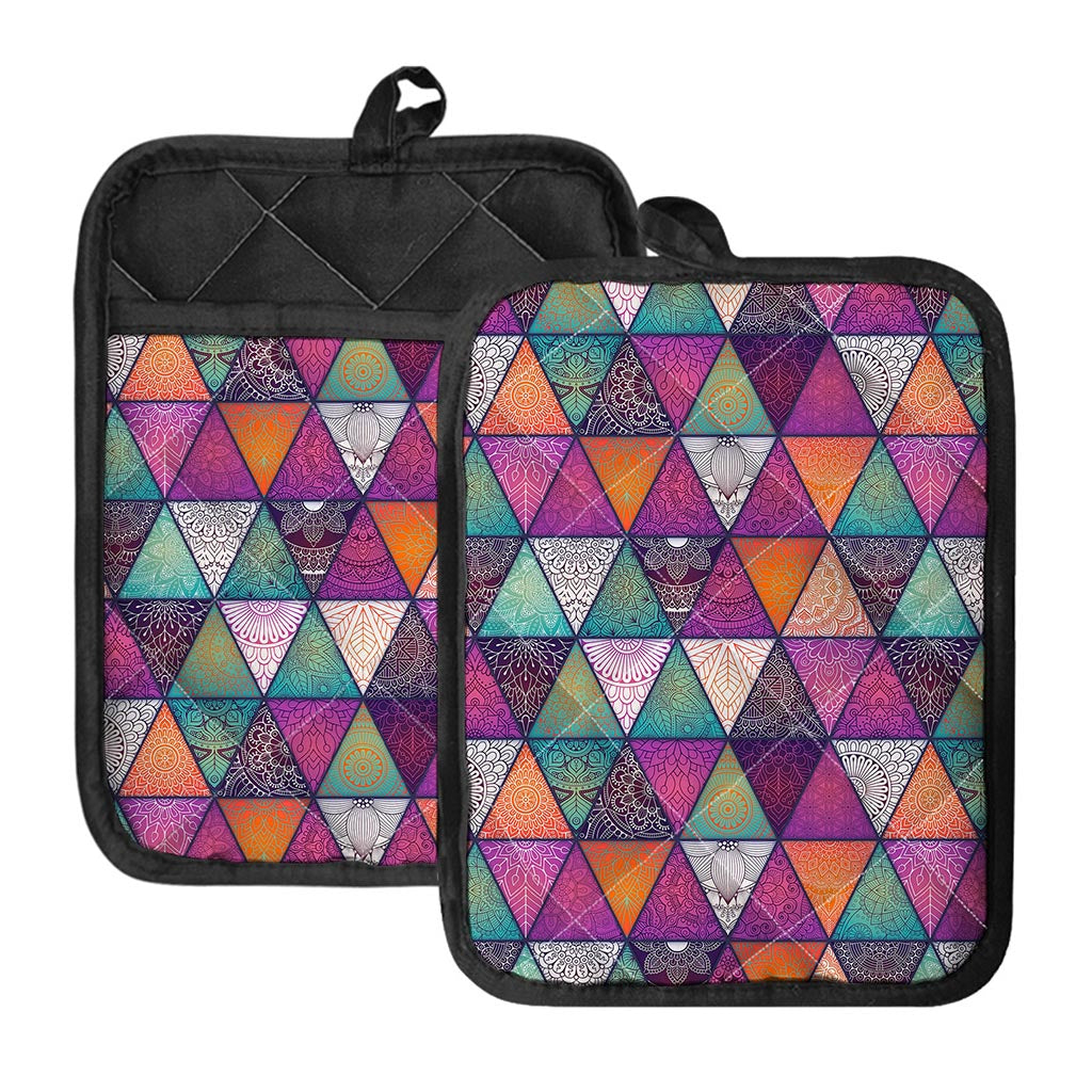 Triangle Bohemian Mandala Pattern Print Pot Holders With Pocket