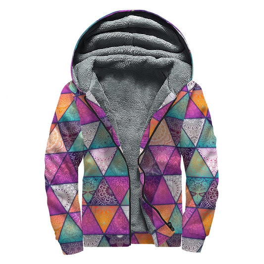 Triangle Bohemian Mandala Pattern Print Sherpa Lined Zip Up Hoodie