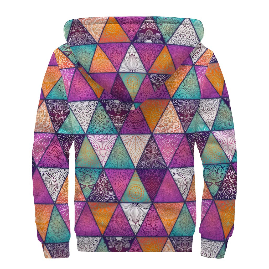 Triangle Bohemian Mandala Pattern Print Sherpa Lined Zip Up Hoodie