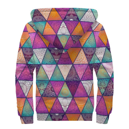 Triangle Bohemian Mandala Pattern Print Sherpa Lined Zip Up Hoodie