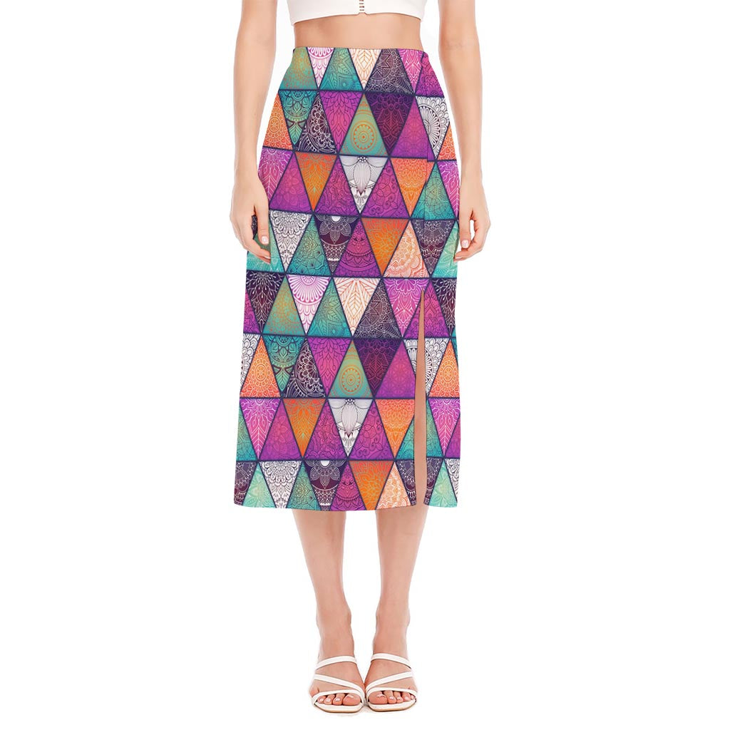 Triangle Bohemian Mandala Pattern Print Side Slit Midi Skirt