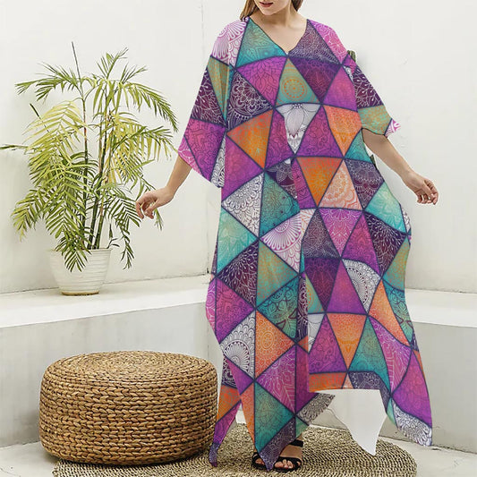 Triangle Bohemian Mandala Pattern Print Silk V-Neck Kaftan Dress