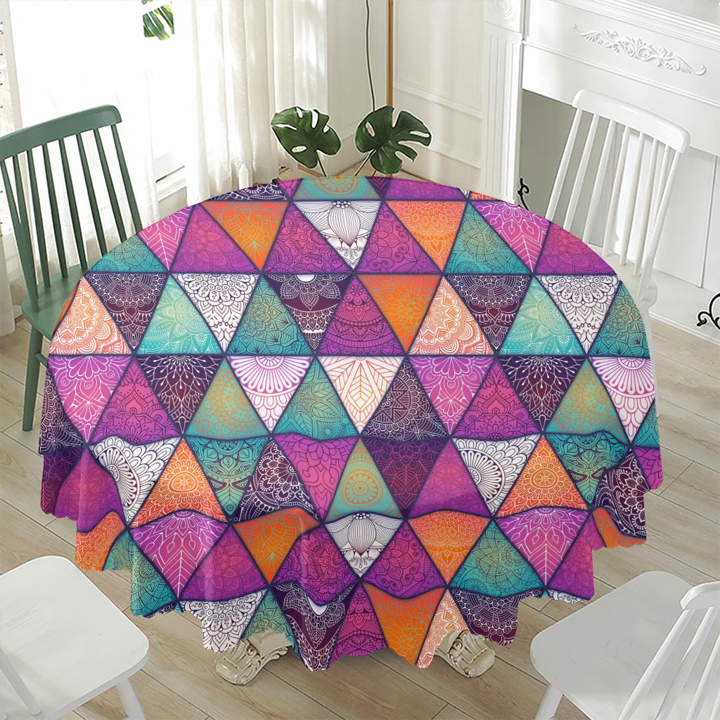 Triangle Bohemian Mandala Pattern Print Waterproof Round Tablecloth