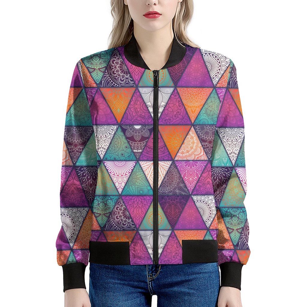 Triangle Bohemian Mandala Pattern Print Women's Bomber Jacket