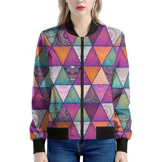 Triangle Bohemian Mandala Pattern Print Women's Bomber Jacket