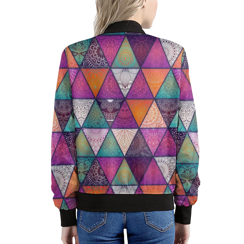 Triangle Bohemian Mandala Pattern Print Women's Bomber Jacket